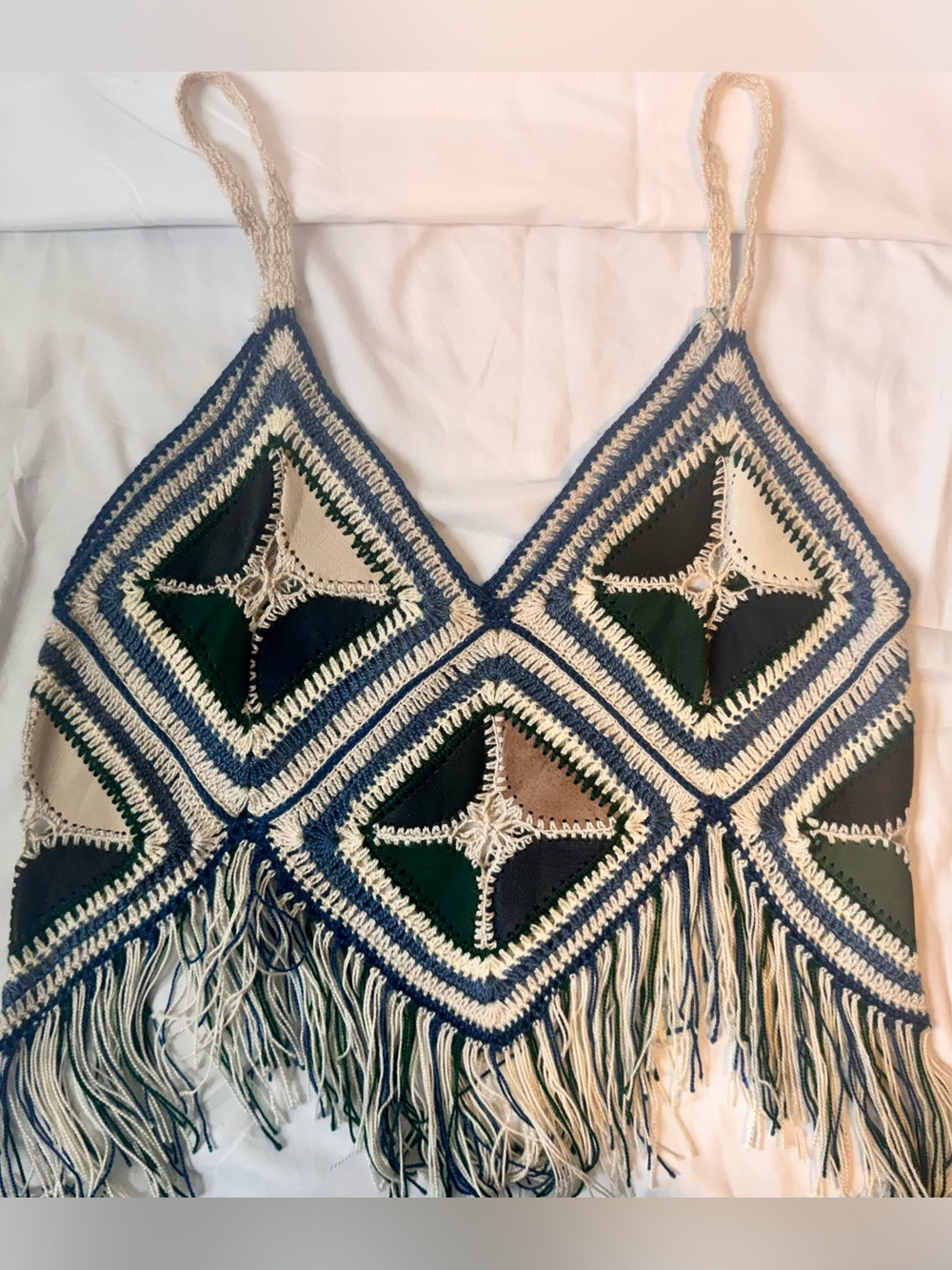 Handmade Crocheted Fringe Tank Top in Blue, Cream, Green